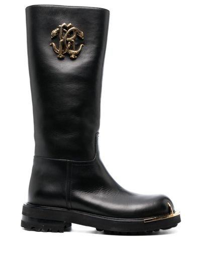 Roberto Cavalli Logo-plaque Leather Boots In Black