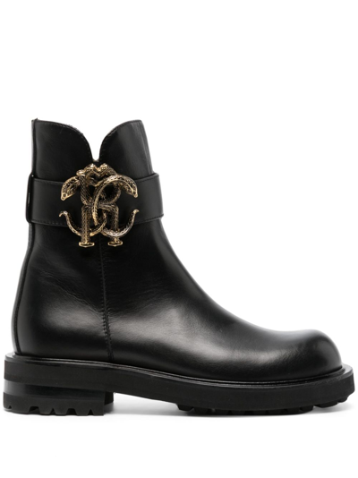 Roberto Cavalli Logo标牌皮质短靴 In Black