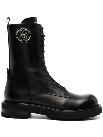 Roberto Cavalli Logo-plaque Leather Boots In Black