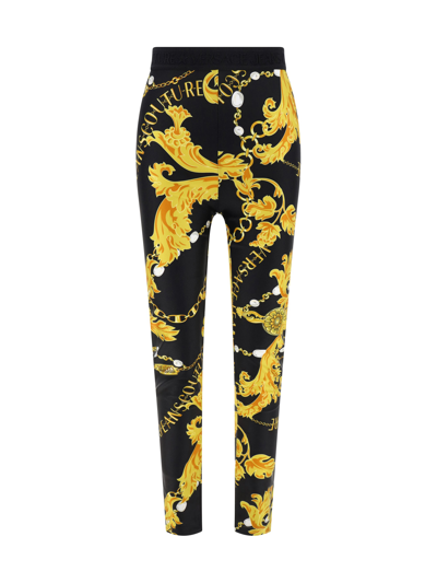 Versace Jeans Couture Chain-print Logo-waistband Leggings In Black