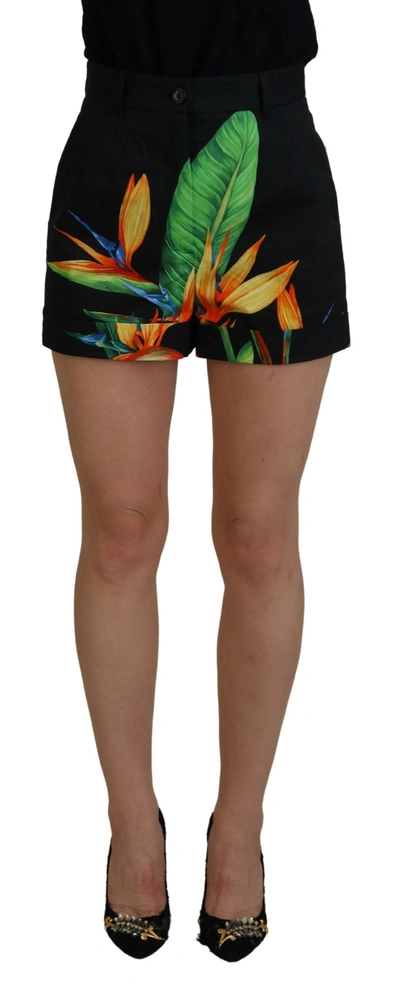 Dolce & Gabbana Black Leaves Print High Waist Hot Trousers Shorts