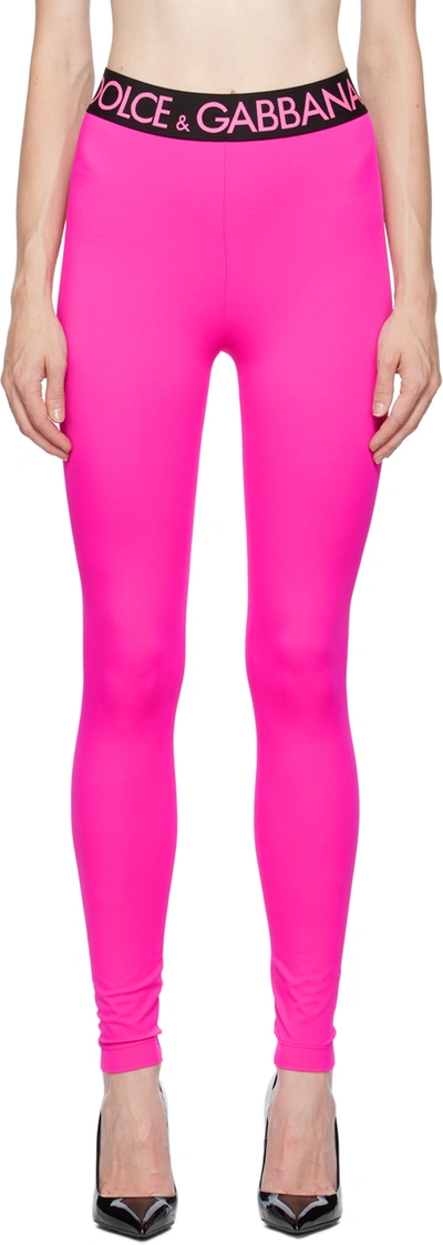 Dolce & Gabbana Logo-waistband High-rise Leggings In Pink & Purple