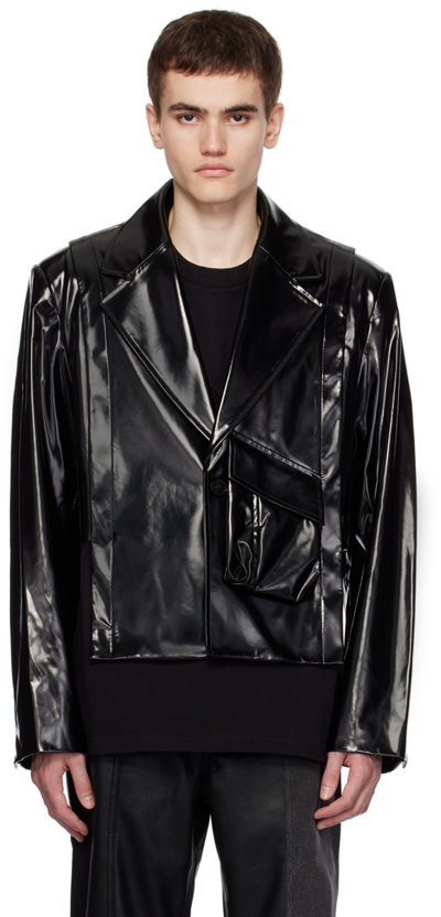 Feng Chen Wang Black Cropped Faux-leather Jacket
