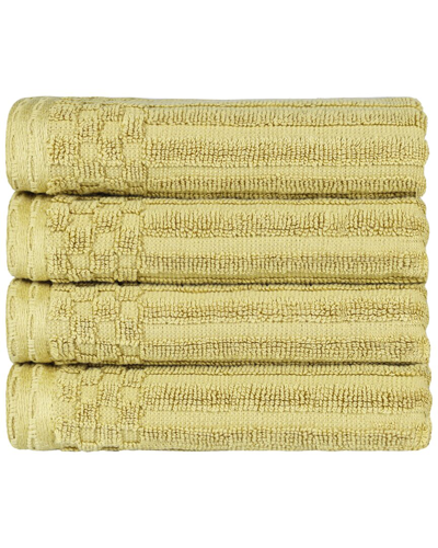 Superior Cotton Highly Absorbent Solid And Checkered Border Hand Towel Set In Gold