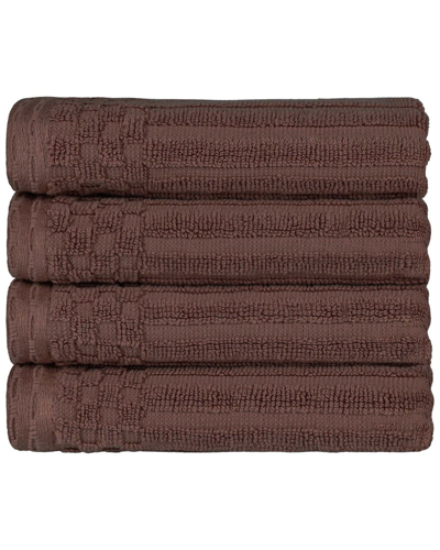 Superior Cotton Highly Absorbent Solid And Checkered Border Hand Towel Set In Brown