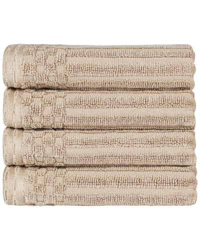 Superior Cotton Highly Absorbent Solid And Checkered Border Hand Towel Set In Ivory