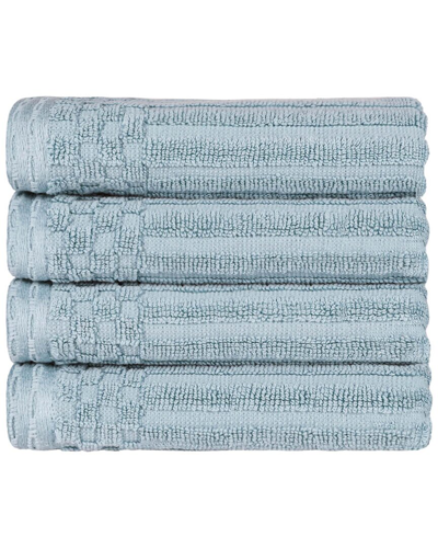 Superior Cotton Highly Absorbent Solid And Checkered Border Hand Towel Set In Blue