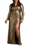 Tadashi Shoji Metallic Long Sleeve Gown In Bronze