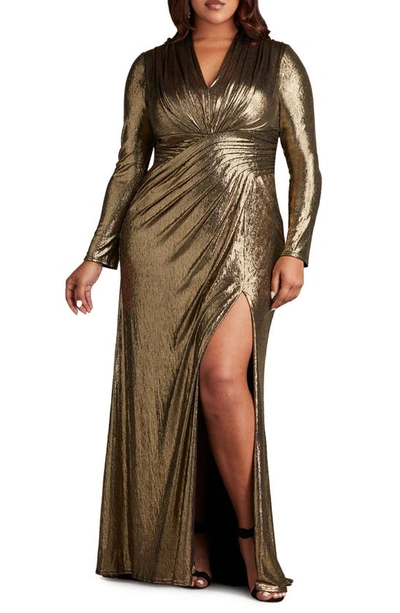 Tadashi Shoji Metallic Long Sleeve Gown In Bronze