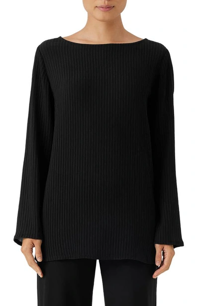 Eileen Fisher Ribbed Side-slit Boat-neck Tunic In Black