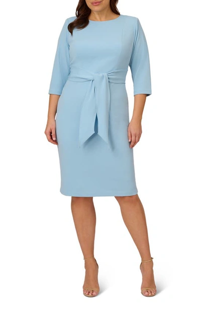 Adrianna Papell Plus Size Knit Crepe Bow Sheath Dress With Three Quarter Sleeves In Blue Mist
