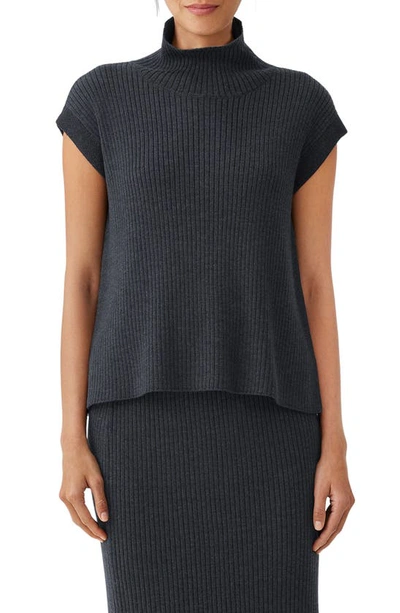 Eileen Fisher Ribbed Turtleneck Wool Tank In Charcoal