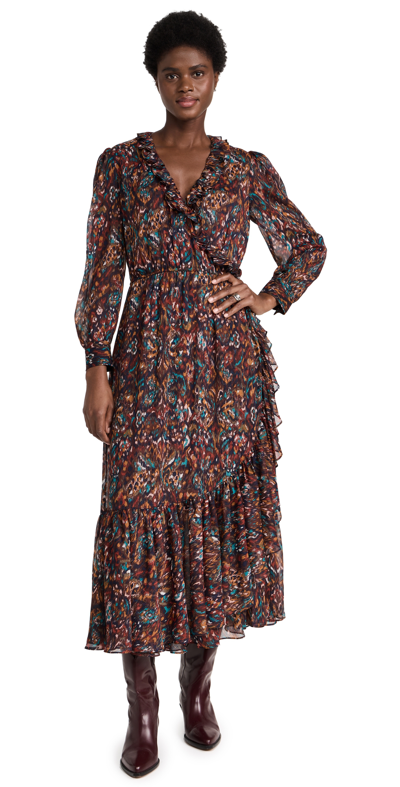 Misa Charlotte Ruffled Chiffon Puff-sleeve Maxi Dress In Peacock Abstract