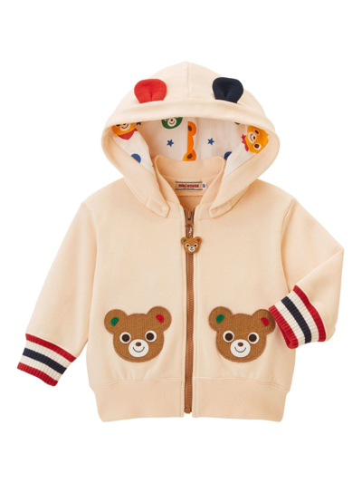 Miki House Kids' Bear-embroidered Cotton Hooded Jacket In Neutrals