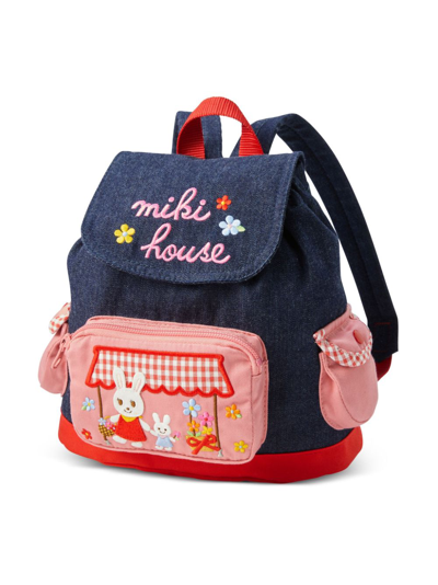 Miki House Kids' Bunny-embroidered Denim Backpack In Blue