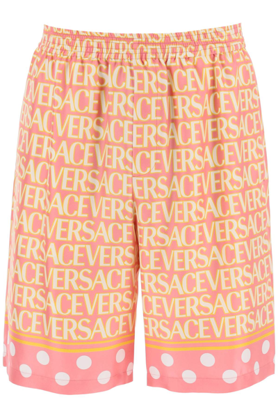 Versace Allover Cotton Blend Shorts In Pink,ivory