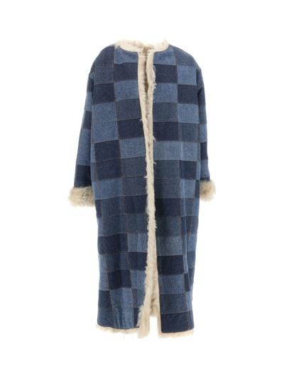 Chloé Denim-patchwork Single-breasted Coat In Blue