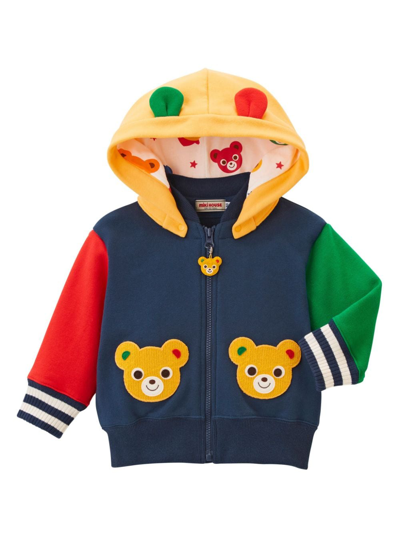 Miki House Kids' Bear-embroidered Cotton Hooded Jacket In Blue