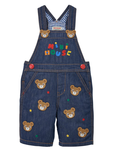 Miki House Kids' Bear-embroidered Cotton Dungarees In Blue