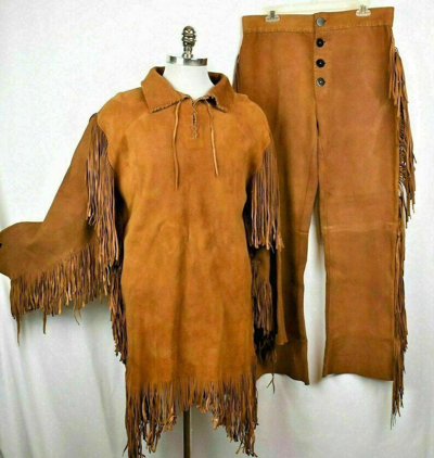 Pre-owned Sigma Mens Leather Buckskin Suit Including Shirt And Trouser Mountain Man Reenactment In Brown