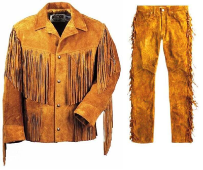 Pre-owned Sigma Men's Native American Buckskin Bucksin Suede Leather Fringe War Shirt Pants Suit In Brown