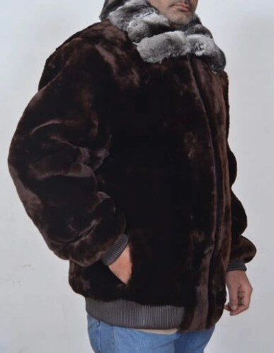 Pre-owned Handmade Black Brown Real Mouton Sheared Beaver Fur Jacket Chinchilla Fur Collar Allsize