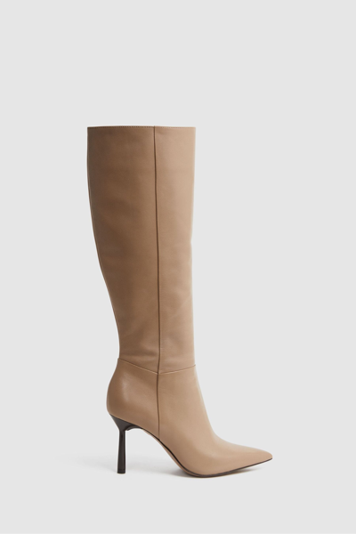 Reiss Gracyn - Camel Leather Knee High Heeled Boots, Uk 6 Eu 39