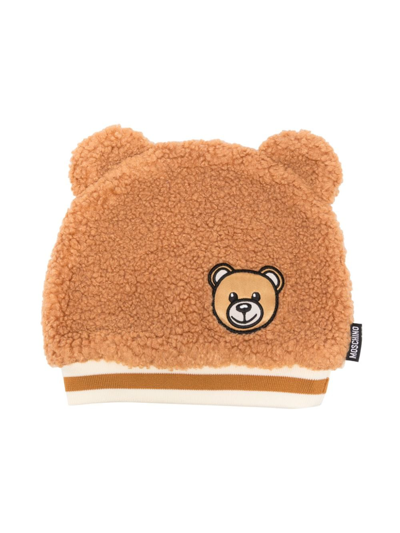 Moschino Kids' Teddy Bear 图案棉套头帽 In Brown