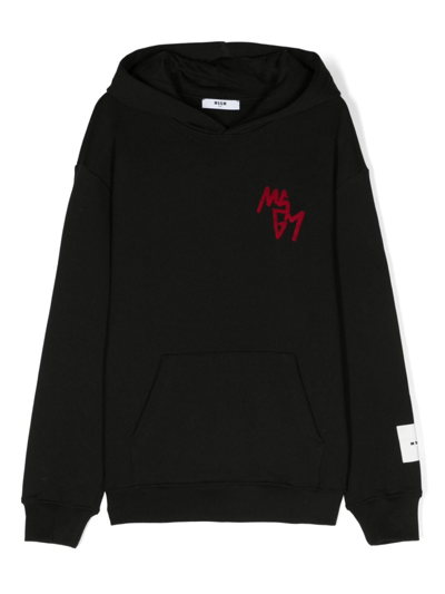 Msgm Kids' Logo-embroidered Cotton Hoodie In Black