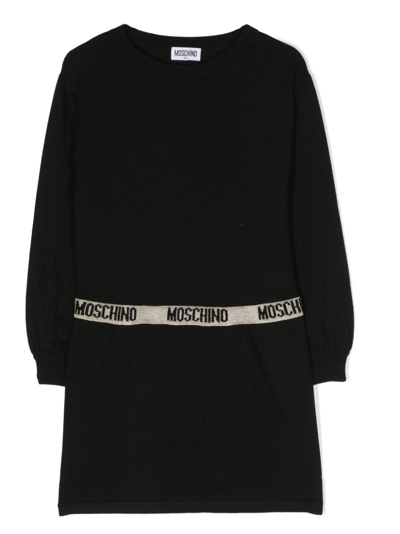 Moschino Kids' Logo-waistband Long-sleeve Dress In Black