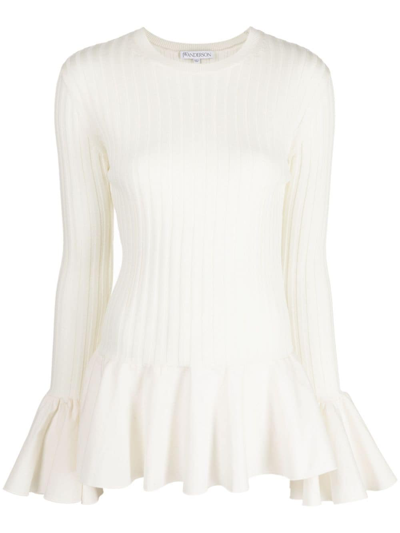 Jw Anderson Ruffled Ribbed-knit Wool Sweater In Ivory