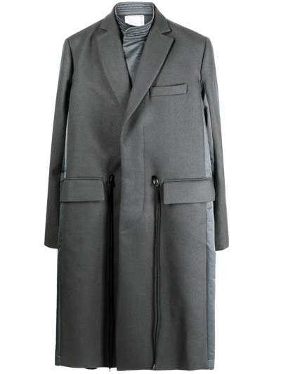 Sacai Relaxed-fit Drawstring-waist Wool Coat In Grey