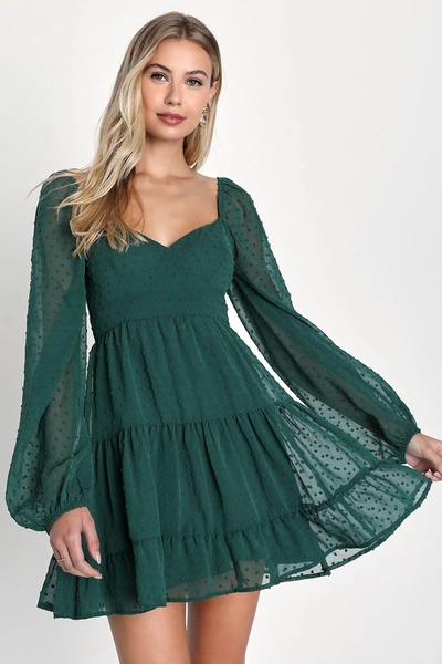 Lulus Longing And Love Emerald Swiss Dot Puff Long Sleeve Mini Dress In Green