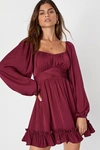 Lulus Vision Of Charm Plum Purple Satin Long Sleeve Skater Mini Dress In Plum Purple