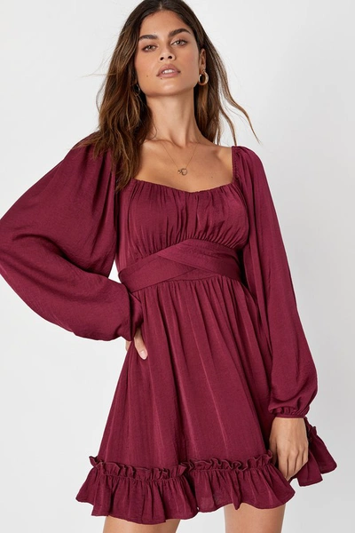 Lulus Vision Of Charm Plum Purple Satin Long Sleeve Skater Mini Dress