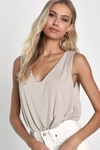 Lulus Chic On Repeat Taupe V-neck Sleeveless Bodysuit In Taupe