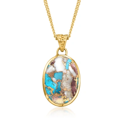 Ross-simons Oval Kingman Turquoise Pendant Necklace In 18kt Gold Over Sterling In Multi