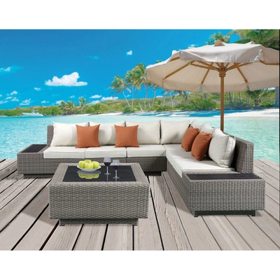 Simplie Fun Salena Patio Sectional & Cocktail Table In Beige Fabric & Gray Wicker