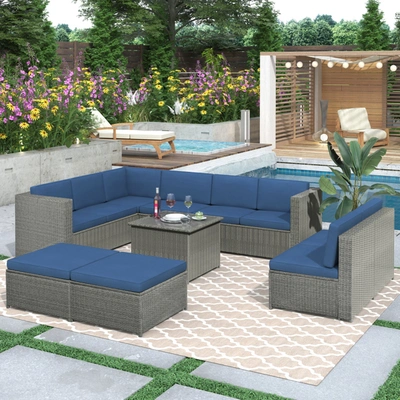Simplie Fun 9 Piece Rattan Sectional Seating Group With Cushions And Ottoman, Patio Furniture Sets, Outdoor Wick In Blue
