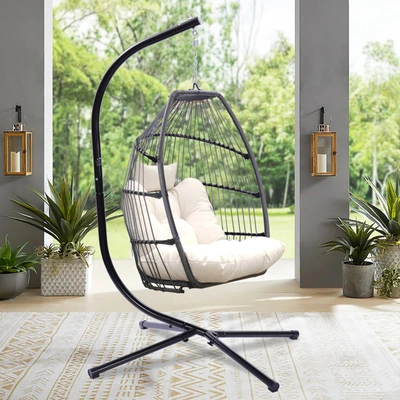 Simplie Fun Outdoor Patio Wicker Folding Hanging Chair, Rattan Swing Hammock Egg Chair With Cushion In Light Beige