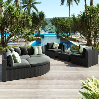 Simplie Fun 7-piece Outdoor Wicker Sofa Set, Rattan Sofa Lounger, With Striped Green Pillows, Conversation Sofa, In Grey