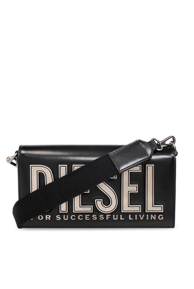 Diesel Logo Lettering Foldover Top Shoulder Bag In Black