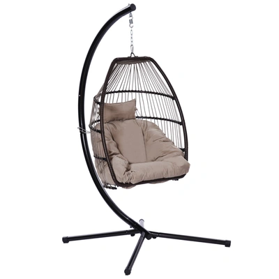 Simplie Fun Outdoor Patio Wicker Folding Hanging Chair, Rattan Swing Hammock Egg Chair With C Type Bracket, With In Brown