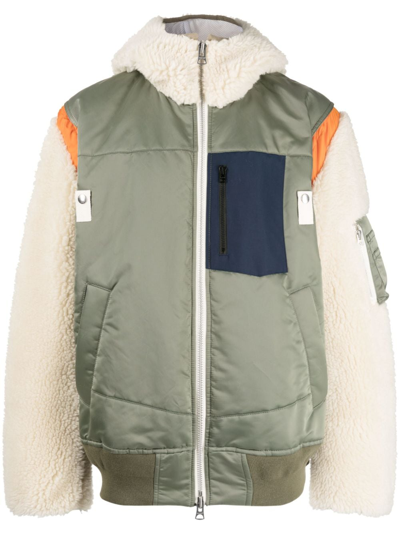 Sacai Colour-block Zip-up Hooded Jacket In Green