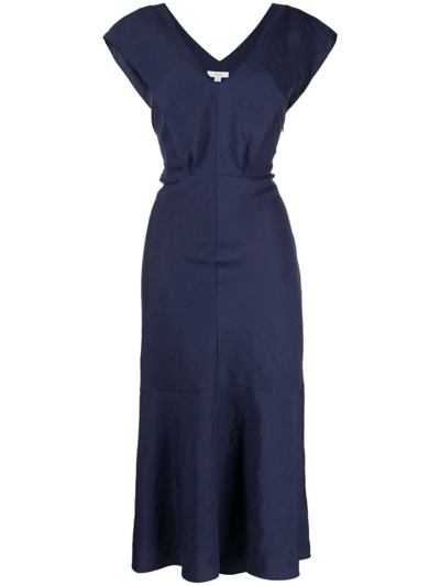 Vince V-neck Ruffle-detailing Dress In Blue