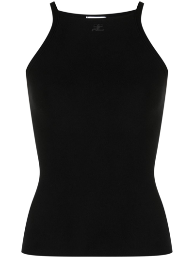 Courrèges Logo-embroidered Fine-knit Top In Black  