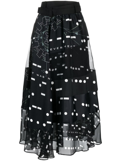 Sacai Graphic-print Belted Midi Skirt In Schwarz