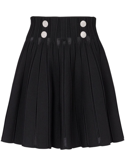 Balmain Black Pleated Ribbed Short Skirt In Nero