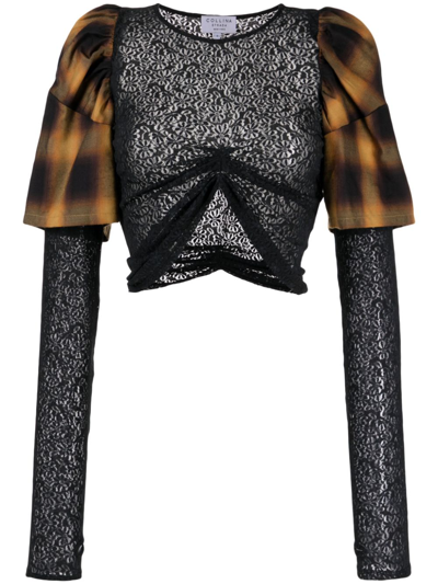 Collina Strada Lace-embellished Check-print Top In Schwarz