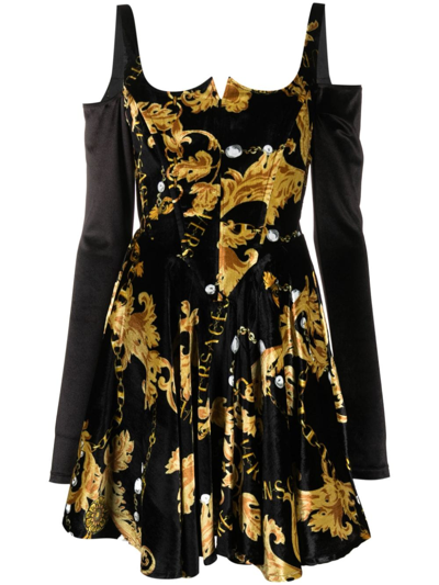 Versace Jeans Couture Velvet Print Chain Dress In Black